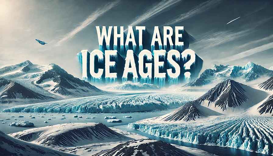 Dramatic icy landscape with glaciers, snow-covered mountains, and frozen tundra, illustrating the concept of Ice Ages.