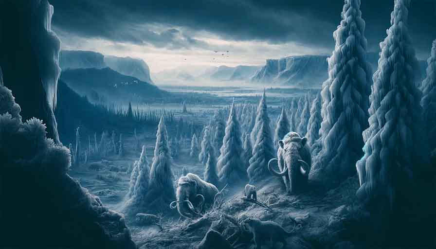 Frozen Ice Age landscape with forests covered in ice and iconic animals like a woolly mammoth and saber-toothed cat partially buried in ice.