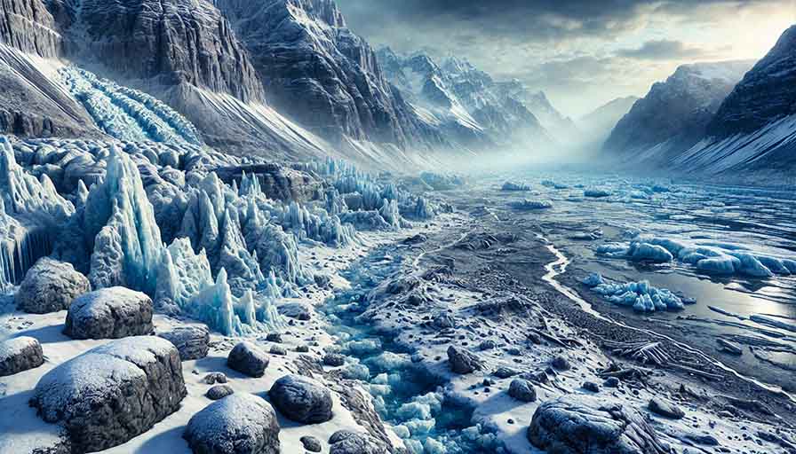 Ice Age landscape with vast glaciers, snow-covered mountains, frozen tundra, and an overcast sky.