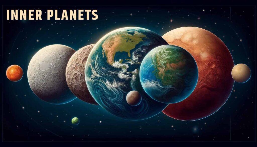 Illustration of the inner planets: Mercury, Venus, Earth, and Mars, shown side by side in space with unique textures and colors.