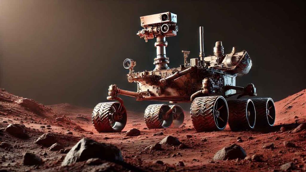 Martian rover on the red, rocky surface of Mars with a dark shadowy background.